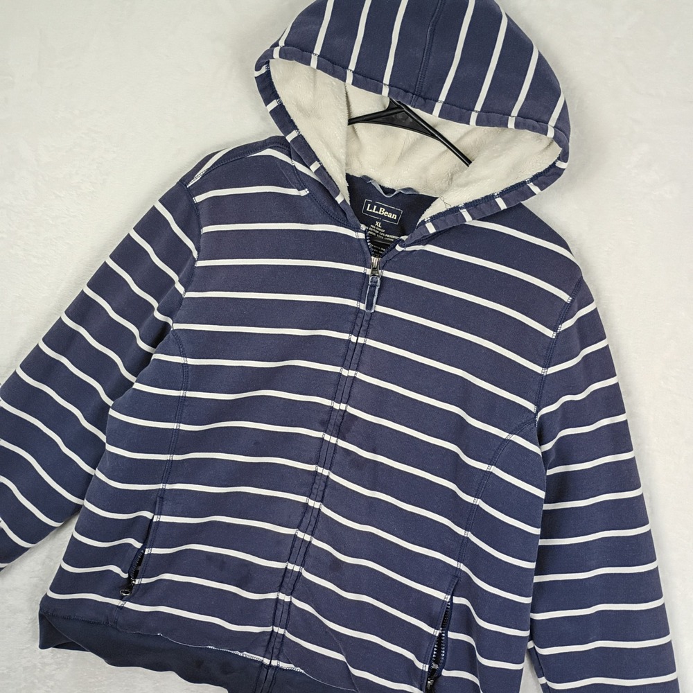 LL Bean Full Zip Hoodie Women XL Blue White Striped Fleece Lined Gorpcore Hiking